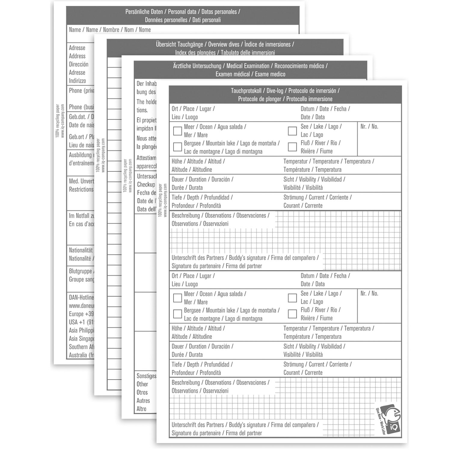 430126_2999 IQ Refill Logbuch Einlagen für L (Big) Logbuch Einlagen mit PADI Logbuch