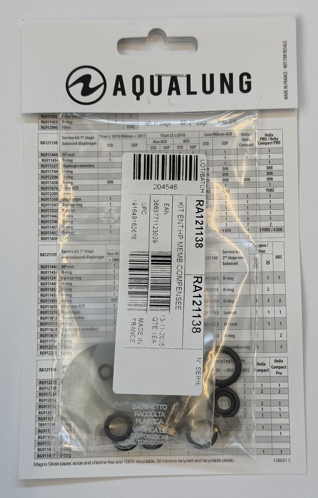 Aqualung 1. Stufe Service Kit für TITAN / MIKRON / HELIX / CORE Atemregler 