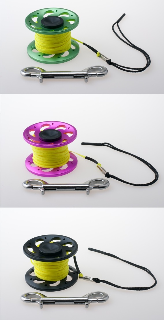 15m_reel_gruen_set RIFF 15 m REEL aus Aluminium mit Doppelkarabiner