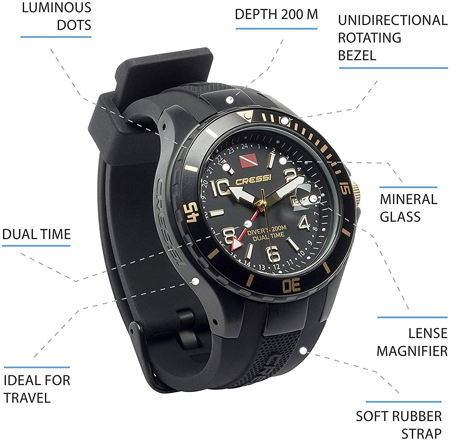 CRESSI TRAVELLER DUAL TIME WATCH Professionelle Taucheruhr