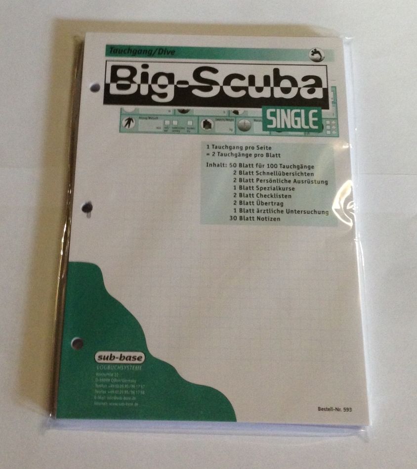 sub-base Logbuch Einlagen Big Scuba SINGLE mit 3er PADI Lochung