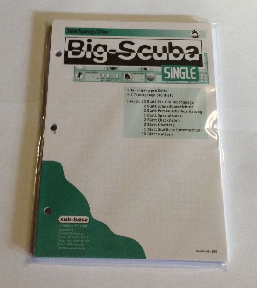 sub-bookPADIeinlagenSINGLE sub-base Logbuch Einlagen Big Scuba SINGLE mit 3er PADI Lochung
